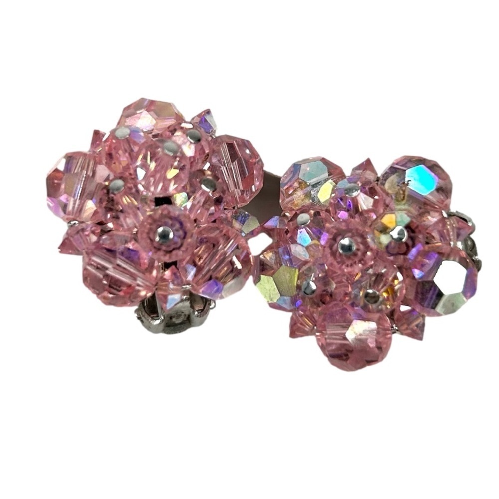 Vintage Pink Aurora Borealis Glass Clip On Earrings